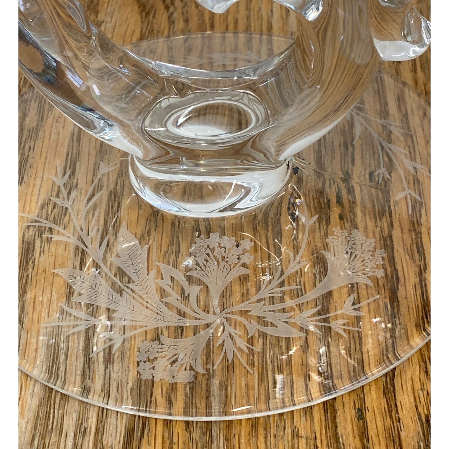 Vintage Glass 3 Arm Candle Holder Etched Floral Design