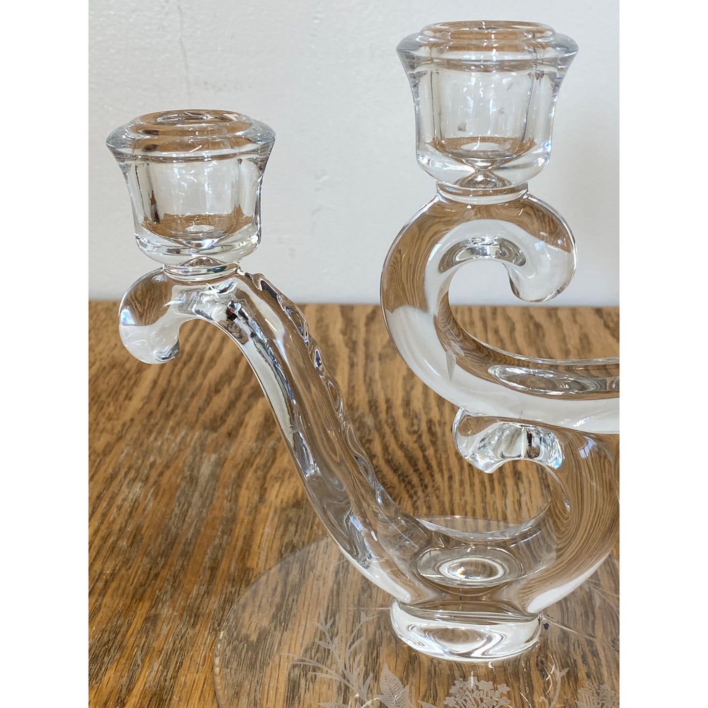 Vintage Glass 3 Arm Candle Holder Etched Floral Design