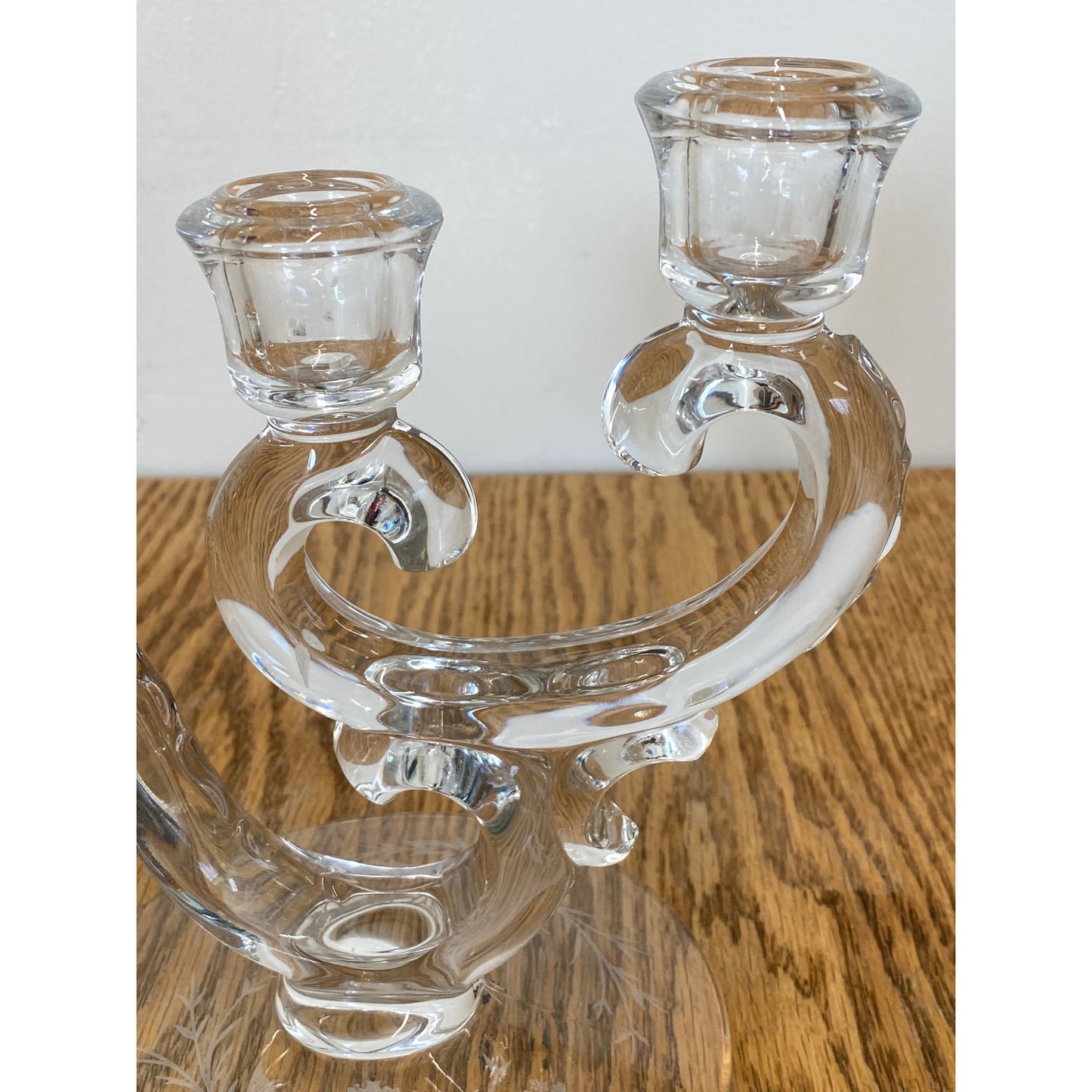 Vintage Glass 3 Arm Candle Holder Etched Floral Design