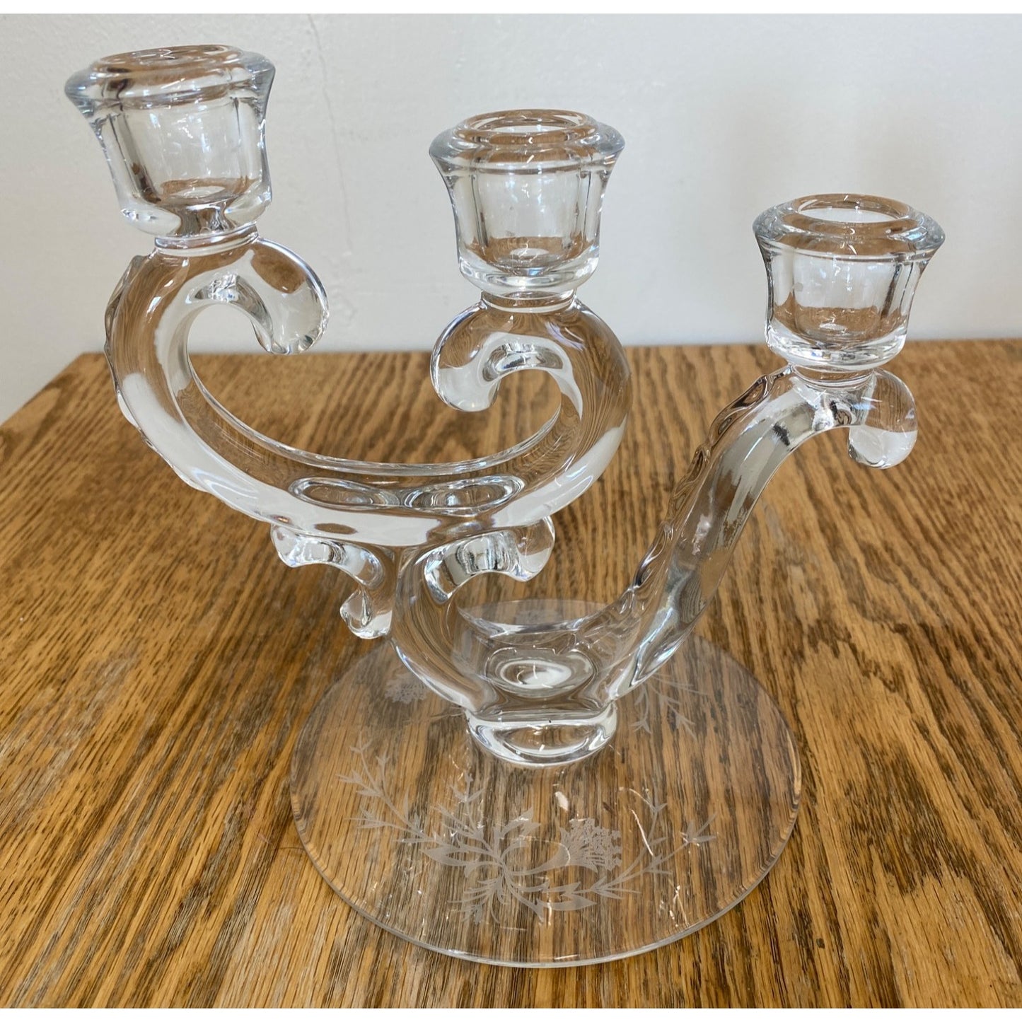 Vintage Glass 3 Arm Candle Holder Etched Floral Design