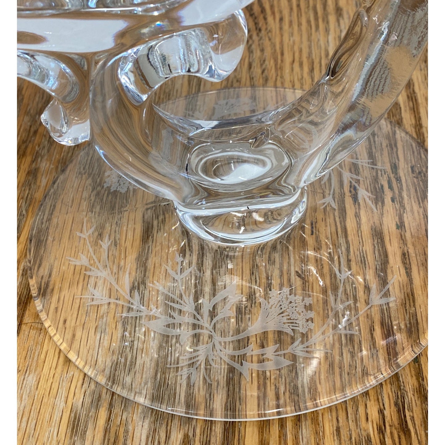 Vintage Glass 3 Arm Candle Holder Etched Floral Design