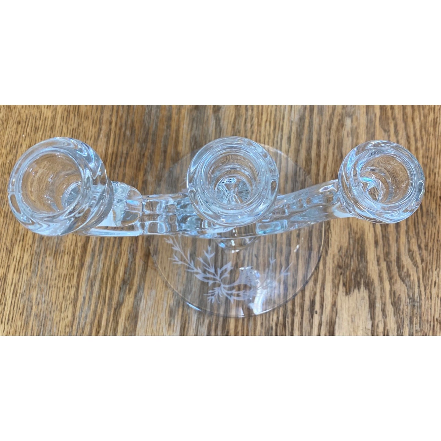 Vintage Glass 3 Arm Candle Holder Etched Floral Design