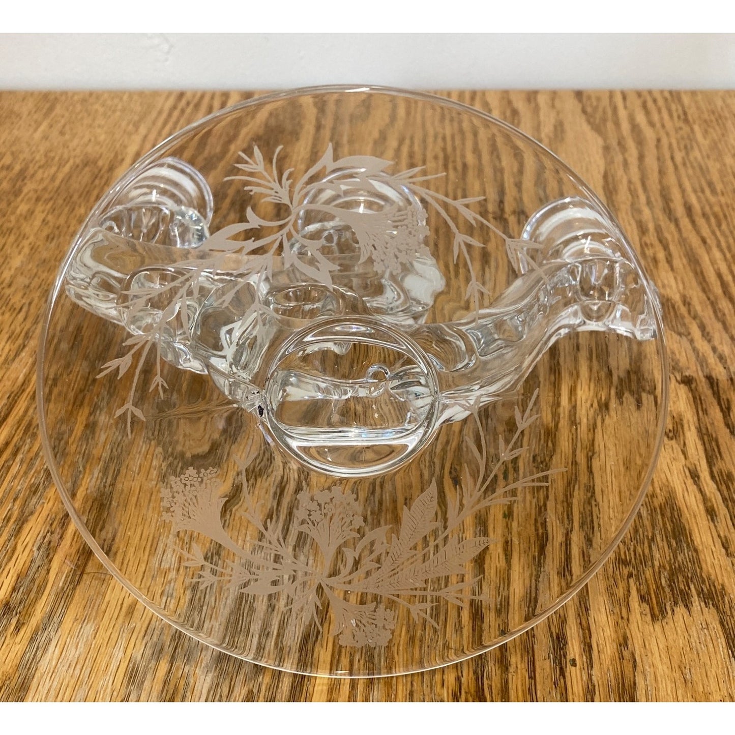 Vintage Glass 3 Arm Candle Holder Etched Floral Design
