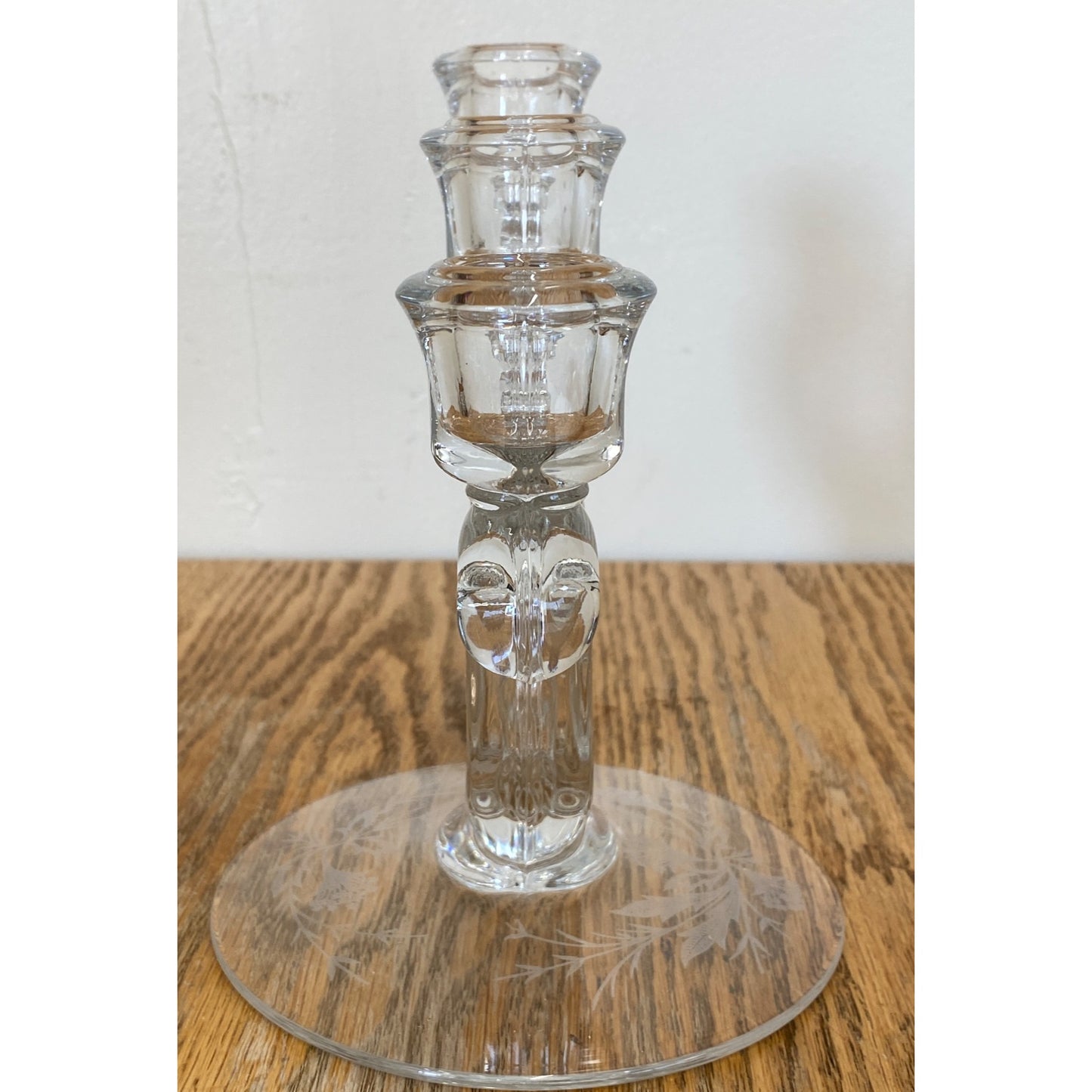 Vintage Glass 3 Arm Candle Holder Etched Floral Design