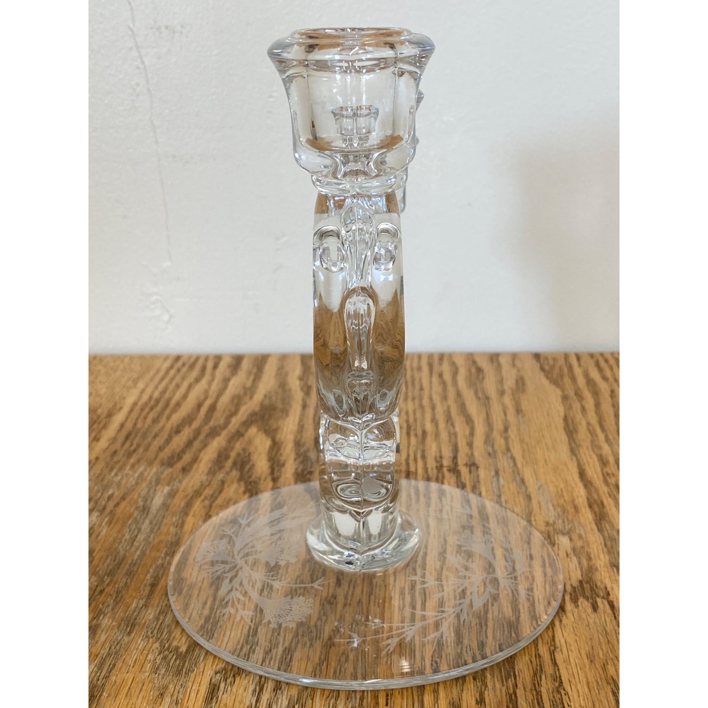 Vintage Glass 3 Arm Candle Holder Etched Floral Design