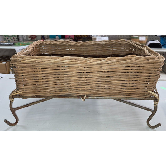 Vintage Rustic Woven Wicker Basket on Metal Stand Legs