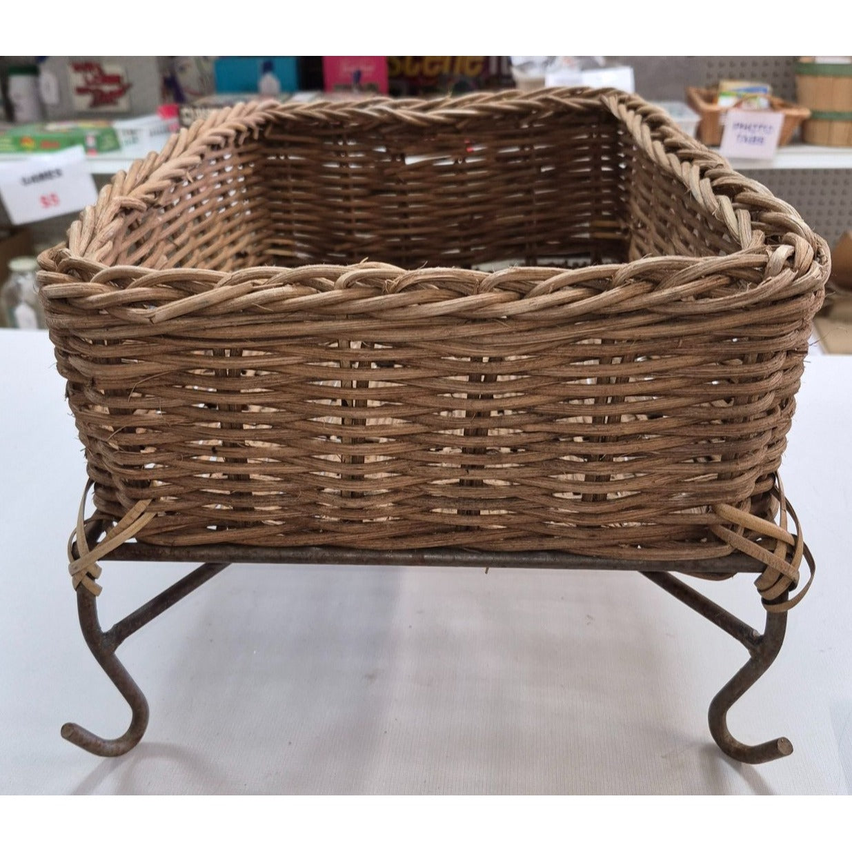 Vintage Rustic Woven Wicker Basket on Metal Stand Legs