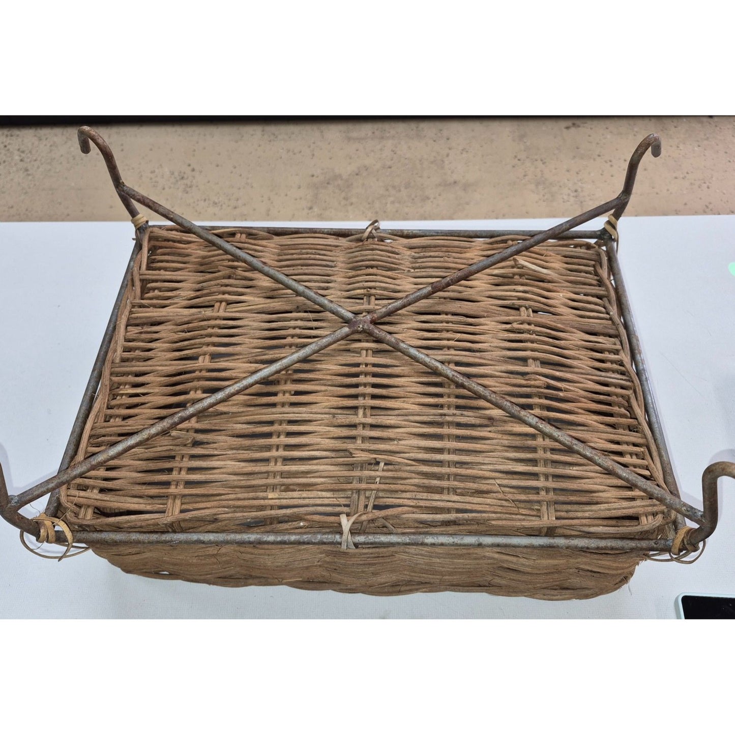 Vintage Rustic Woven Wicker Basket on Metal Stand Legs