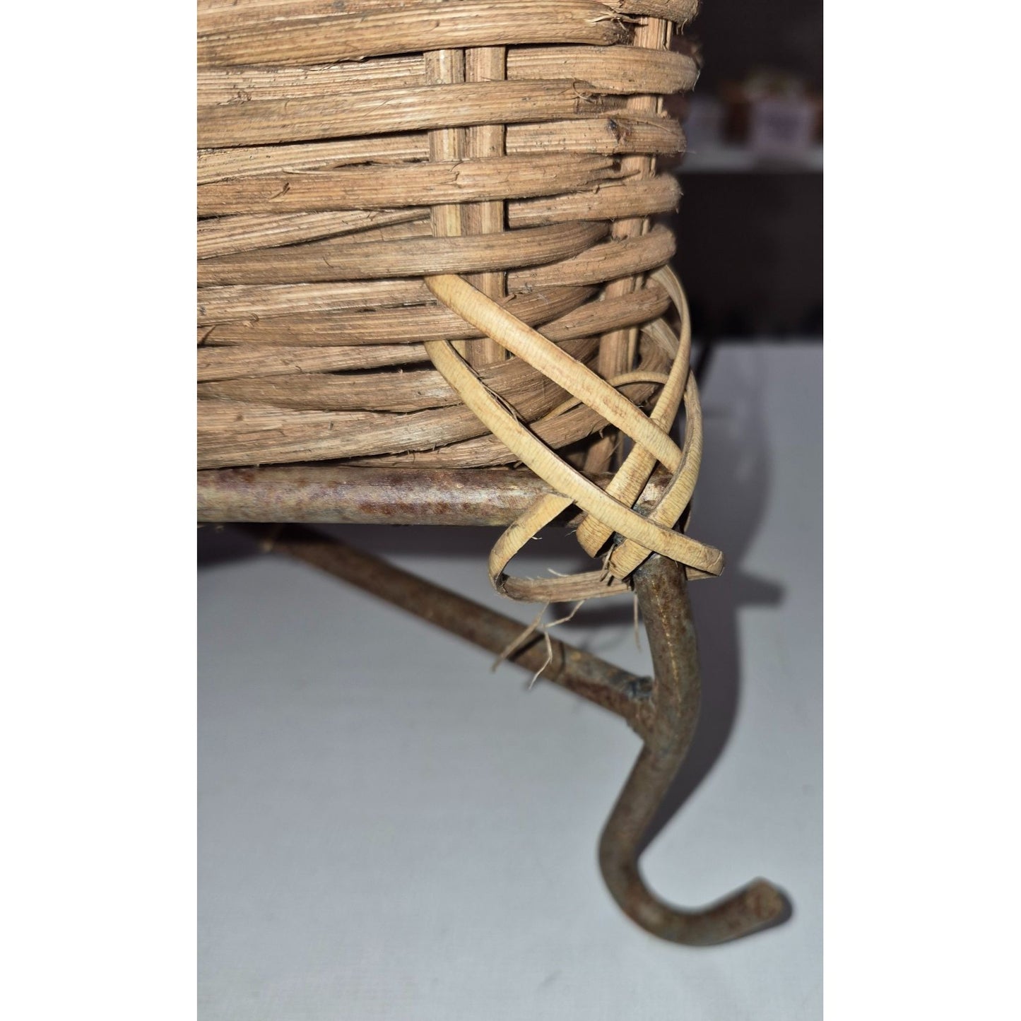 Vintage Rustic Woven Wicker Basket on Metal Stand Legs
