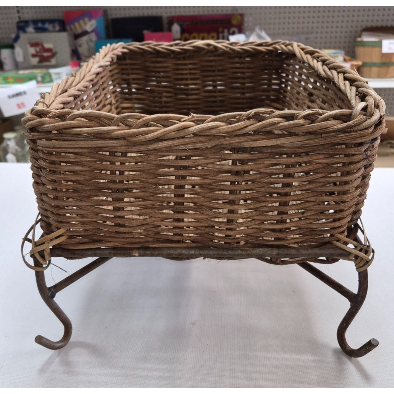 Vintage Rustic Woven Wicker Basket on Metal Stand Legs