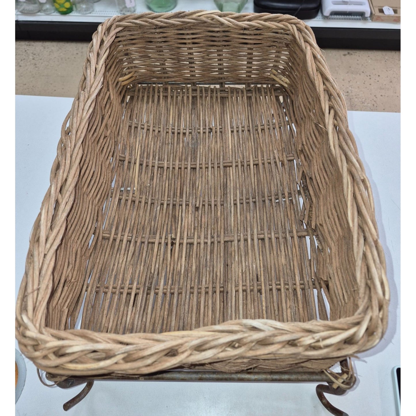 Vintage Rustic Woven Wicker Basket on Metal Stand Legs