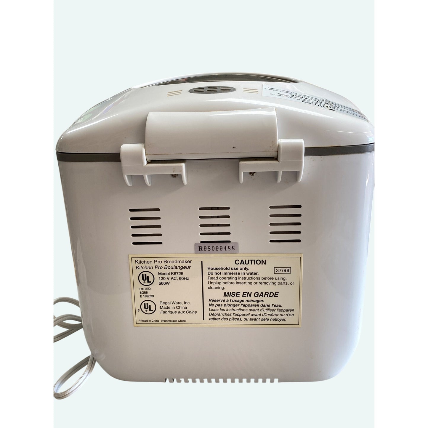 Regal Kitchen Pro #K6725 Breadmaker w Manual & Cookbook 2lb Loaf