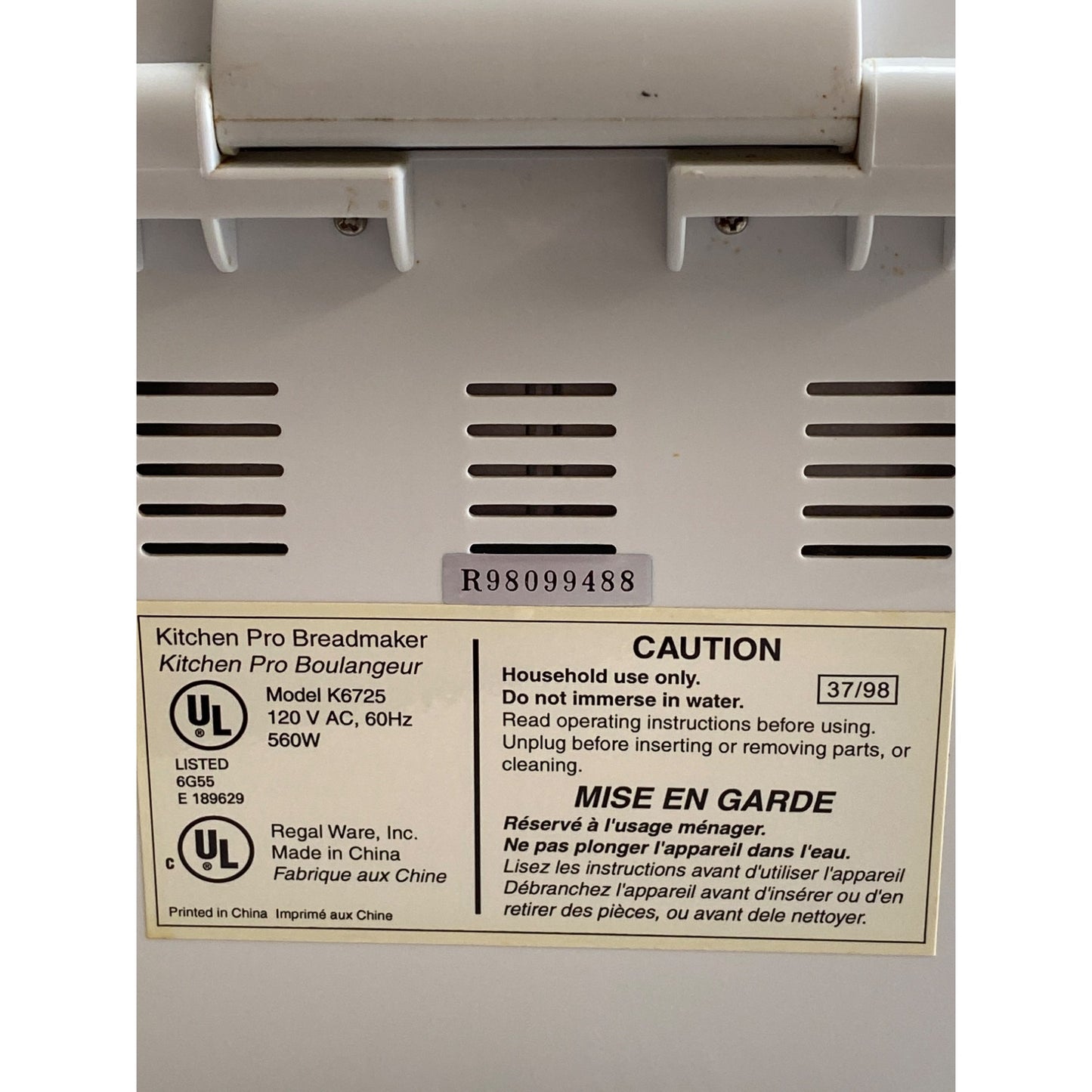 Regal Kitchen Pro #K6725 Breadmaker w Manual & Cookbook 2lb Loaf