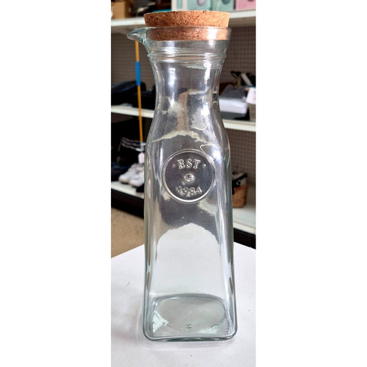 Glass Carafe Jar Cork Lid Est 1984 Embossed Design Clear Square Base 10" Tall