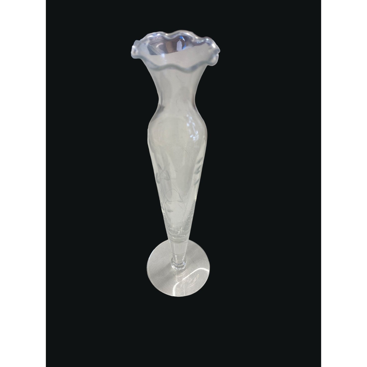 Vintage Clear Glass Etched Bud Vase With Fluted Edge