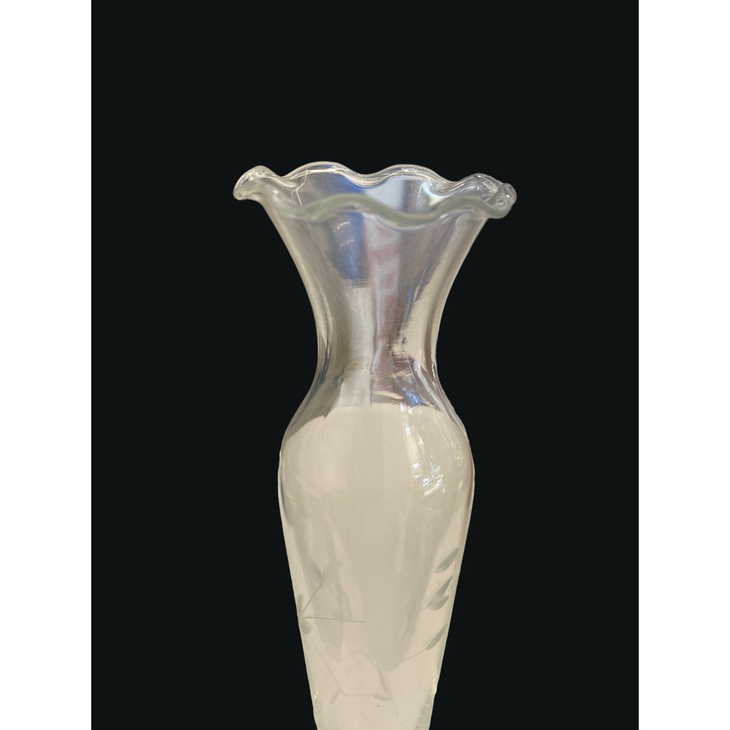 Vintage Clear Glass Etched Bud Vase With Fluted Edge