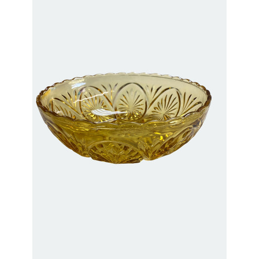 Vintage Amber Glass Decorative Bowl With Scalloped Edge & Starburst Design