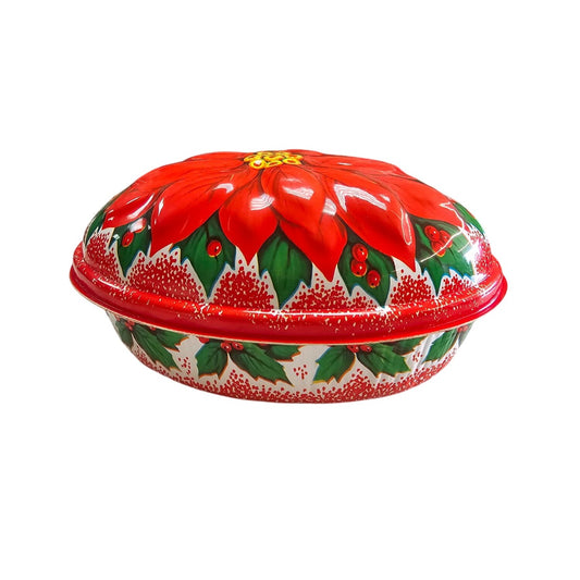 Vintage Holiday Plastic Oval Cookie Container Lid Red Poinsettia