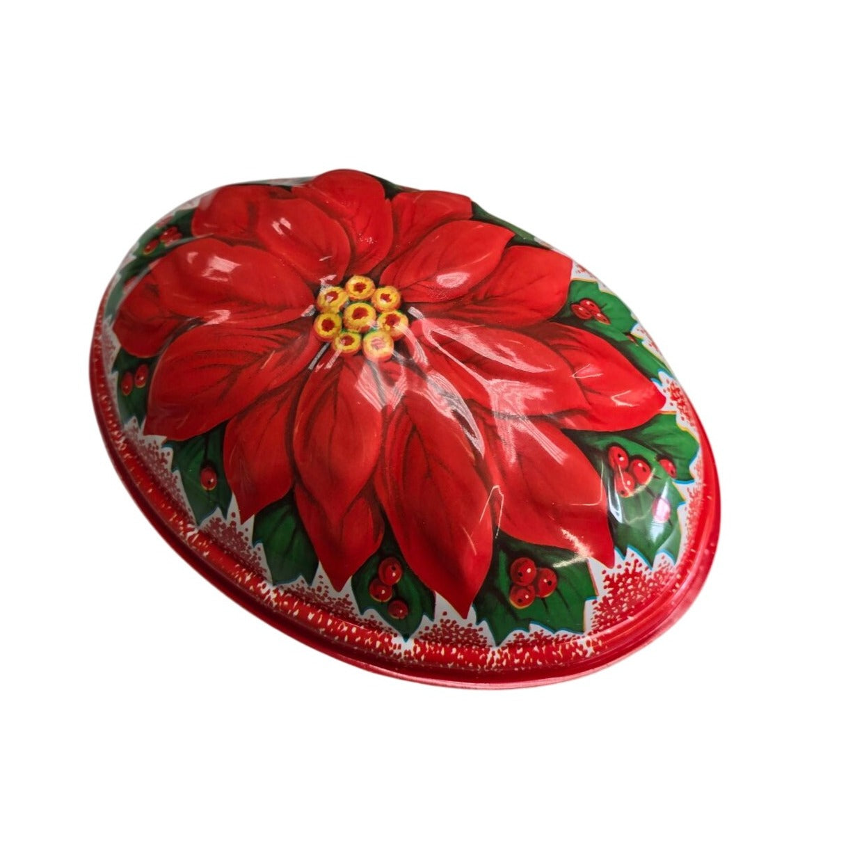 Vintage Holiday Plastic Oval Cookie Container Lid Red Poinsettia