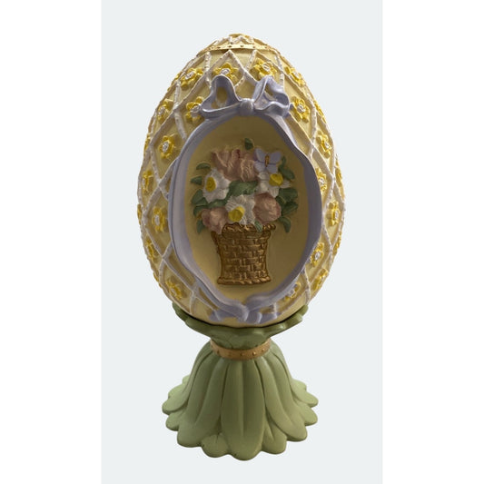 Seasons Treasures Egg Collection Floral Bouquet 1994 Decorative Yellow & Green Egg With Stand By M. Zagata