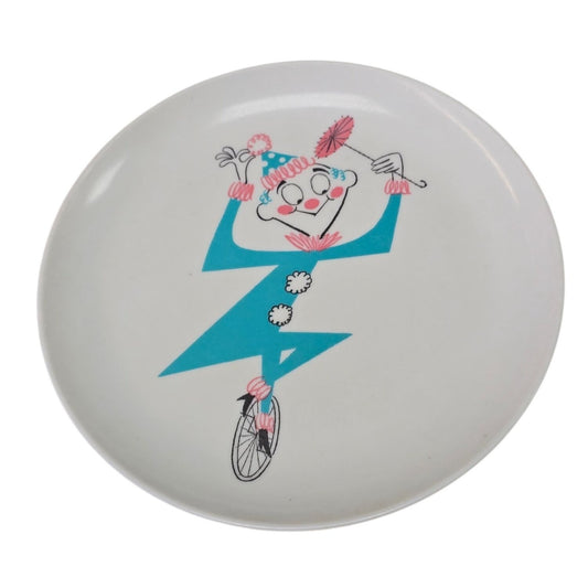 Vintage Melamine Oopsie the Clown Child Plate Circus Unicycle Blue White Pink