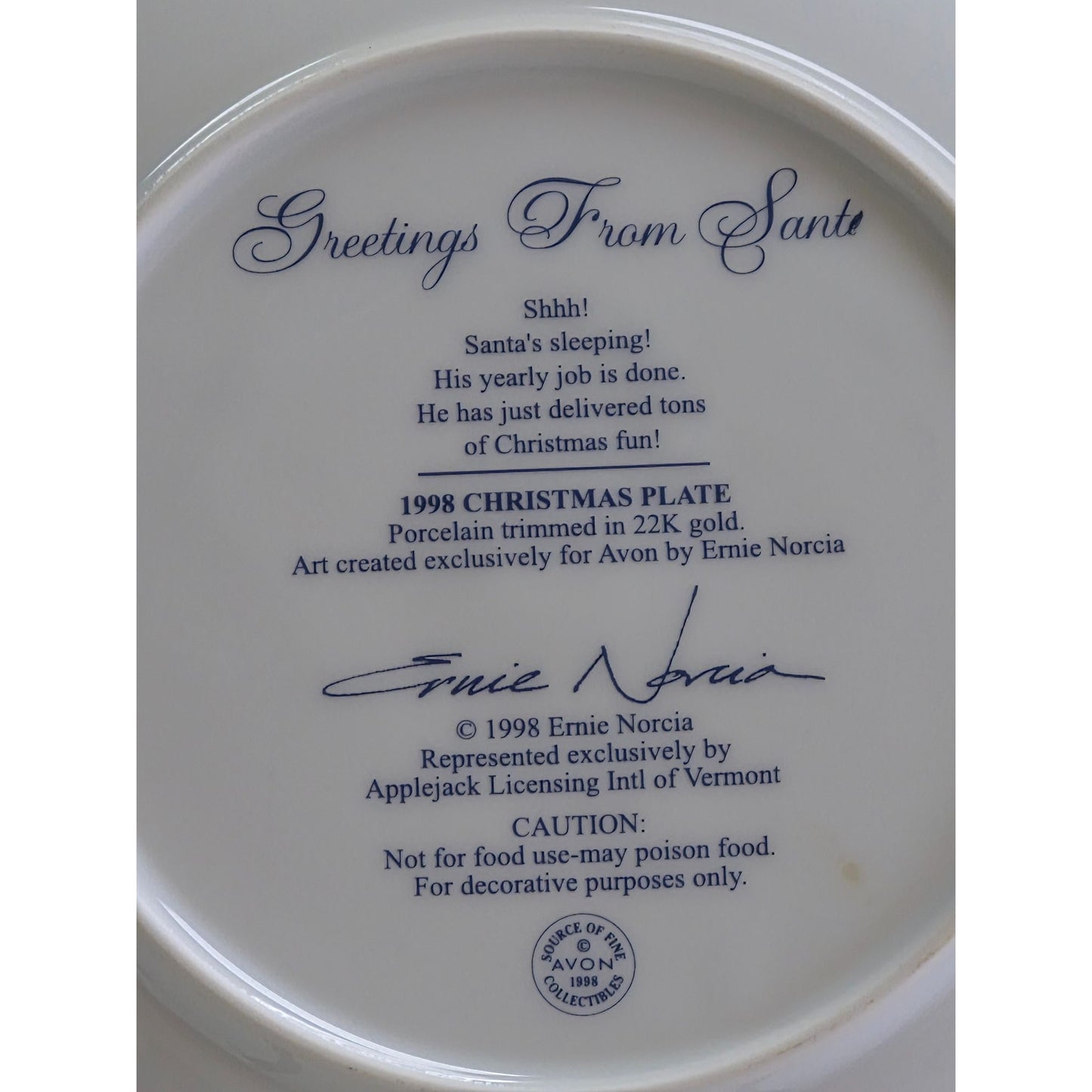 1998 Avon Christmas Plate By Ernie Norcia Porcelain Trimmed In 22K Gold Collectors Limited Edition