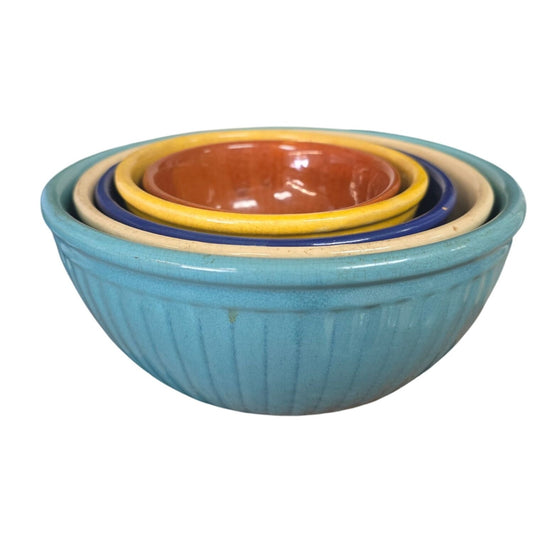 Vintage 5‑Piece Colorware Nesting Mixing Bowls Ribbed Stoneware – Multicolor Set
