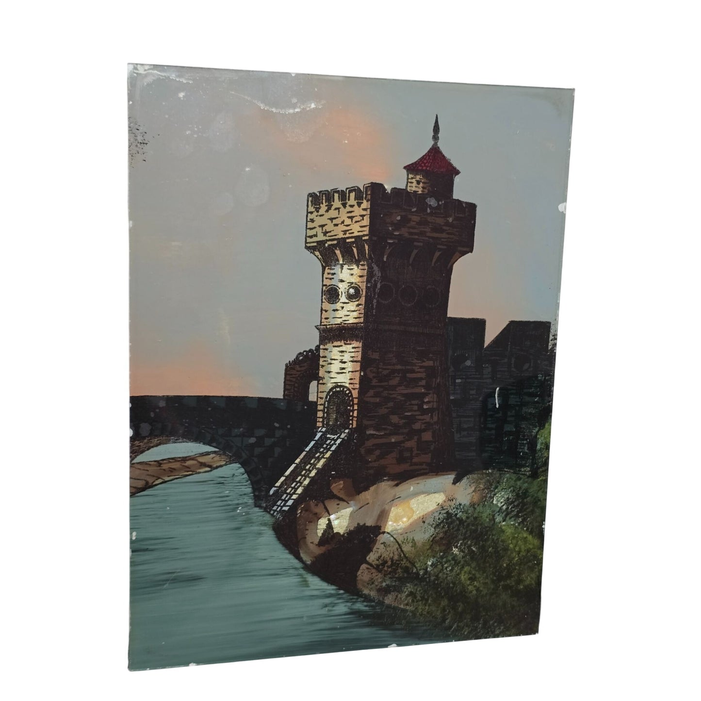 Vintage Castle Tower Reverse Oil Painting on Glass in Wood Frame