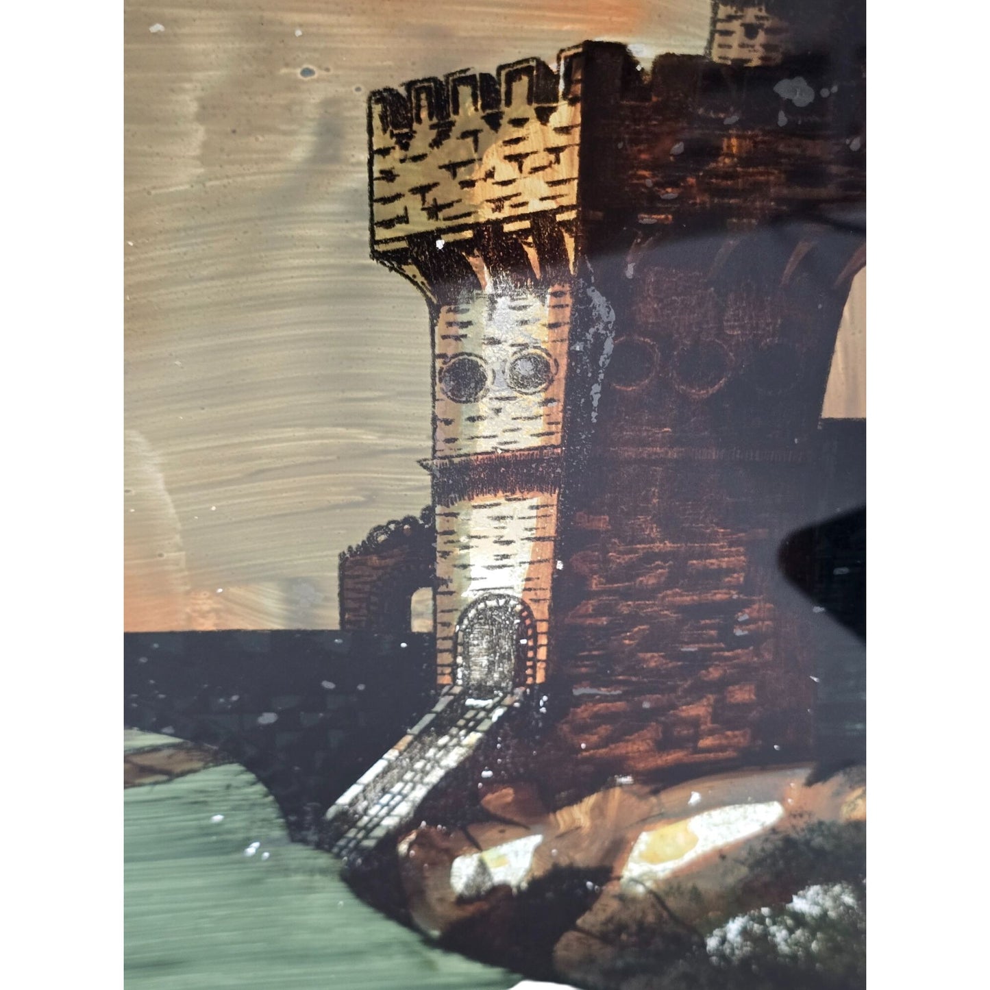 Vintage Castle Tower Reverse Oil Painting on Glass in Wood Frame