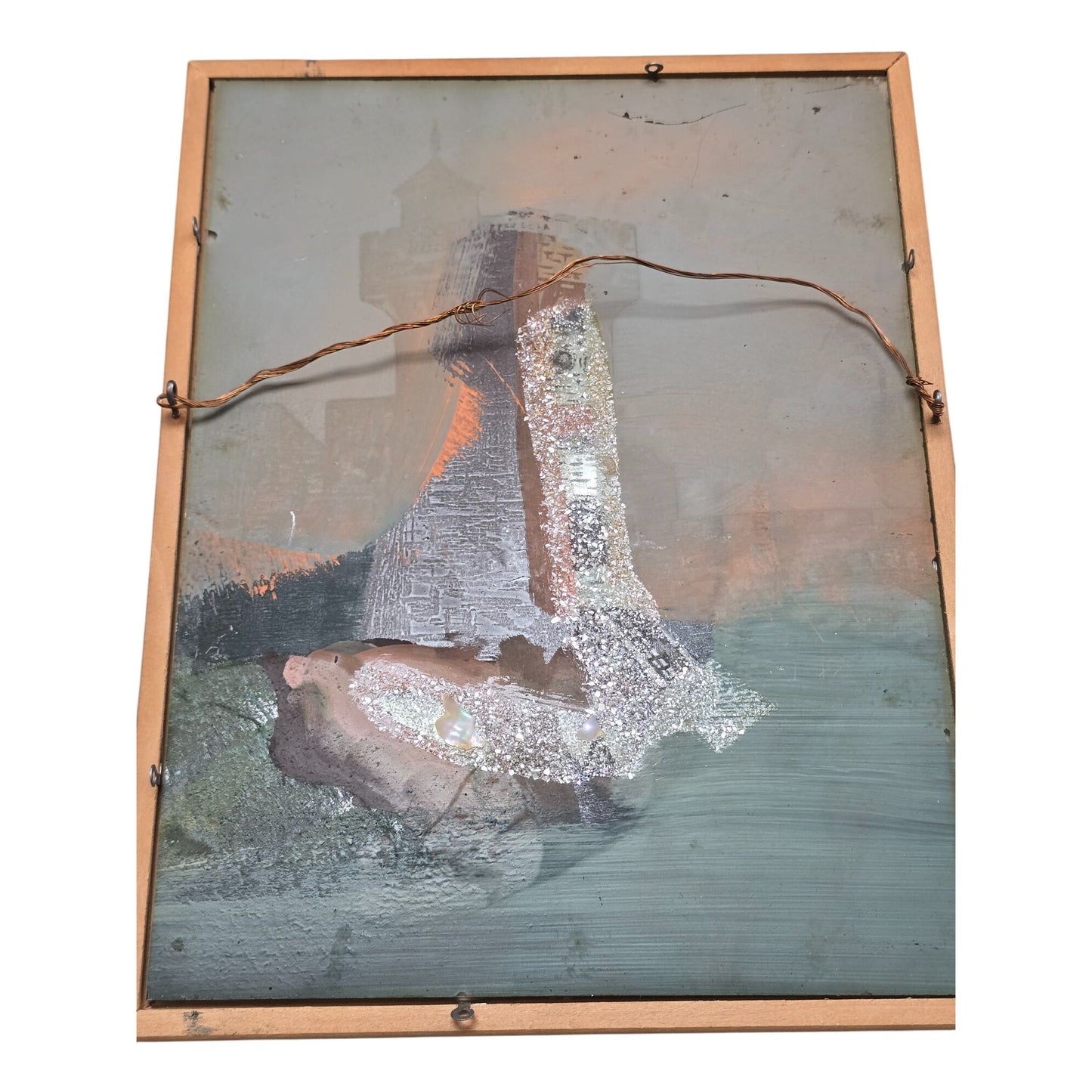 Vintage Castle Tower Reverse Oil Painting on Glass in Wood Frame