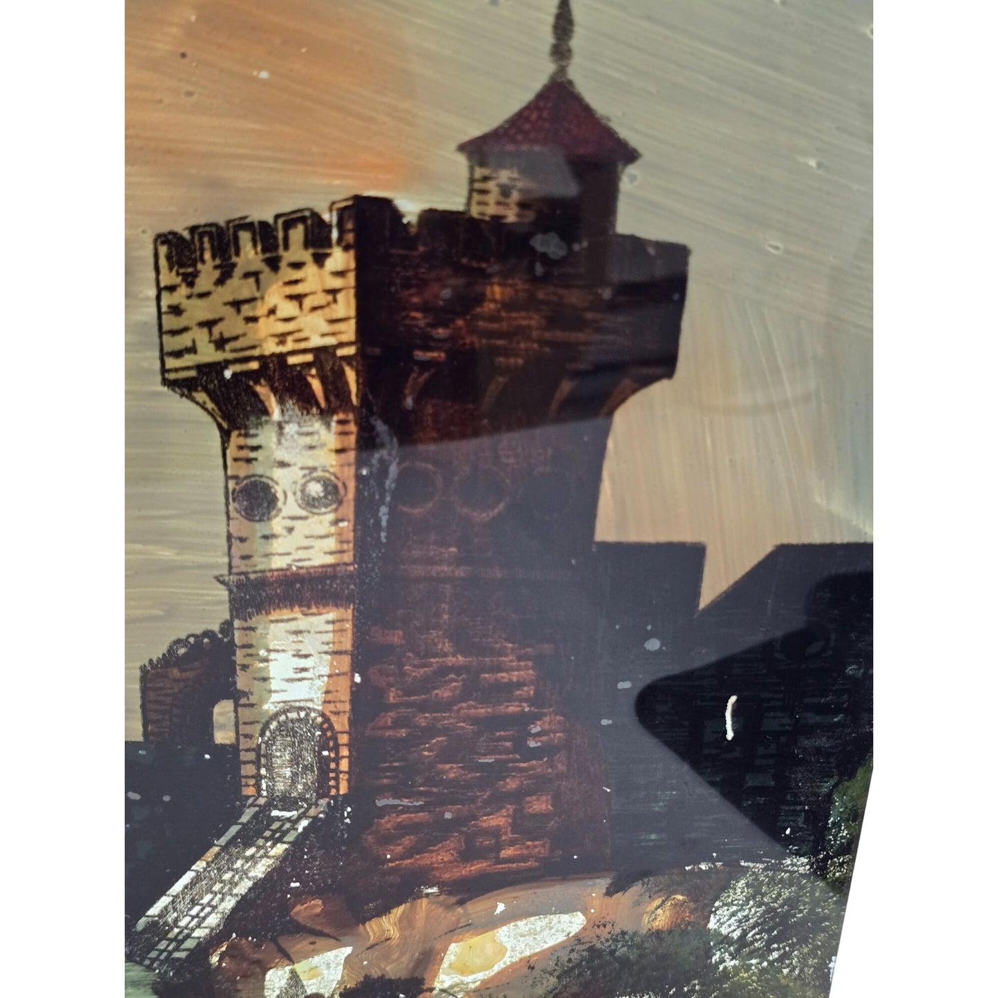 Vintage Castle Tower Reverse Oil Painting on Glass in Wood Frame