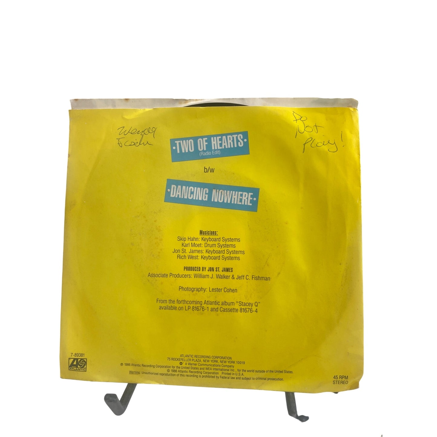 Stacey Q "Two Of Hearts" 45 RPM Vinyl Record Single With Picture Sleeve Atlantic 1986 Collectible