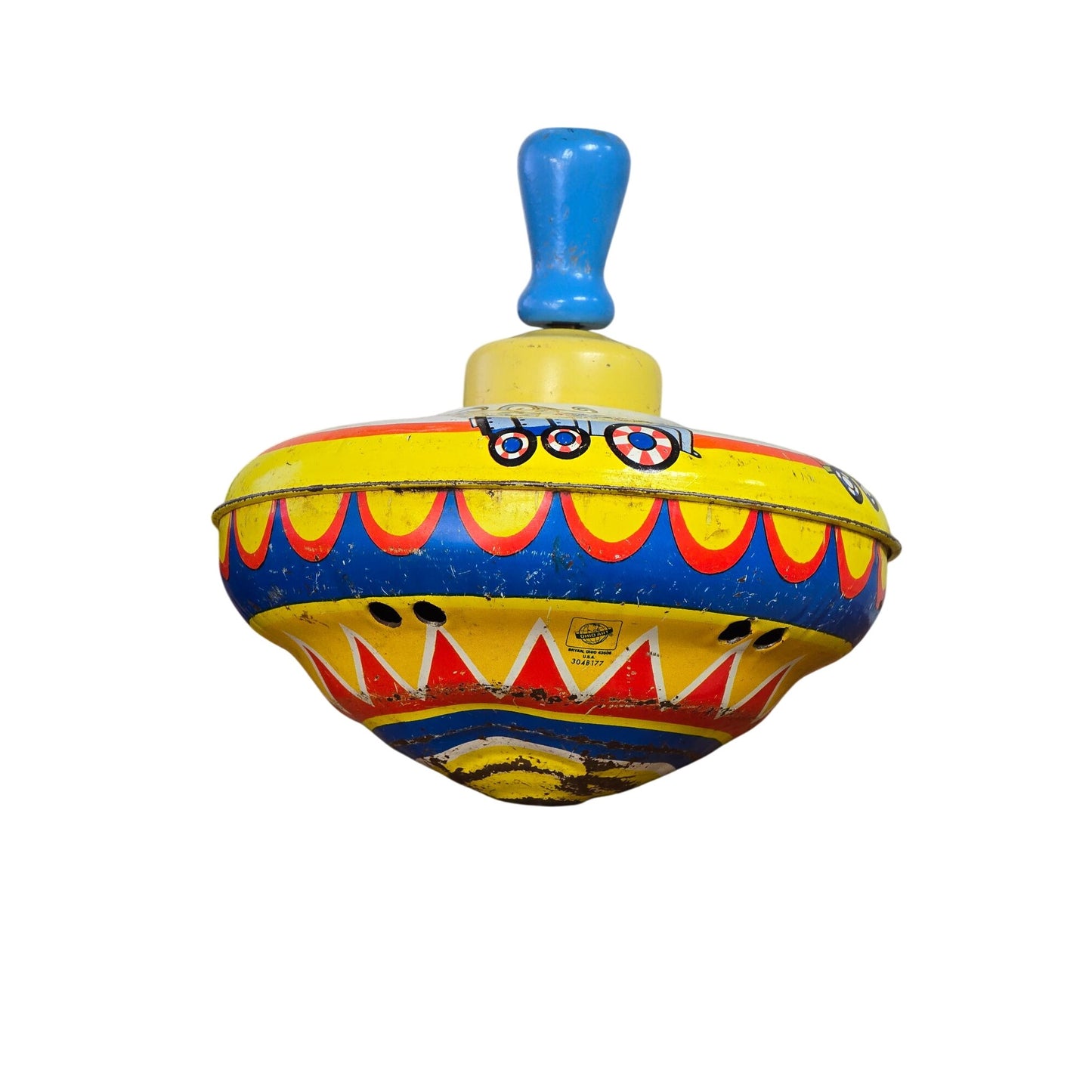 Vintage Ohio Art Company Metal Spinning Top Toy With Circus Train Design