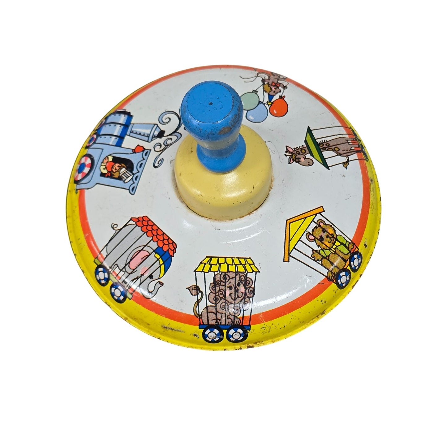 Vintage Ohio Art Company Metal Spinning Top Toy With Circus Train Design