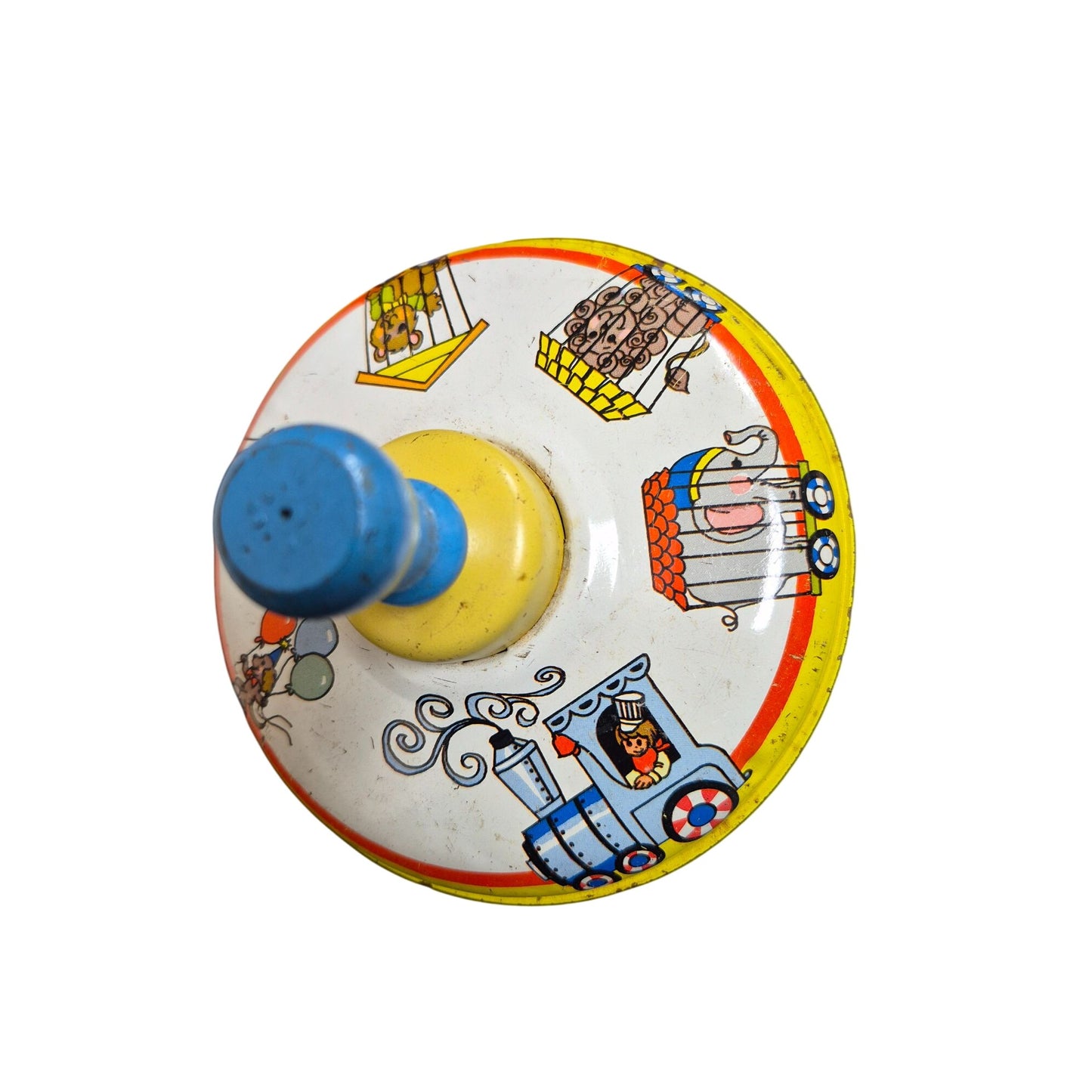 Vintage Ohio Art Company Metal Spinning Top Toy With Circus Train Design