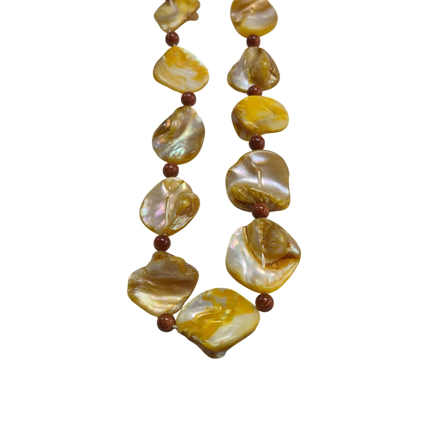 Yellow Mother of Pearl Necklace Goldstone Beads & Ornate Gold-Tone Clasp