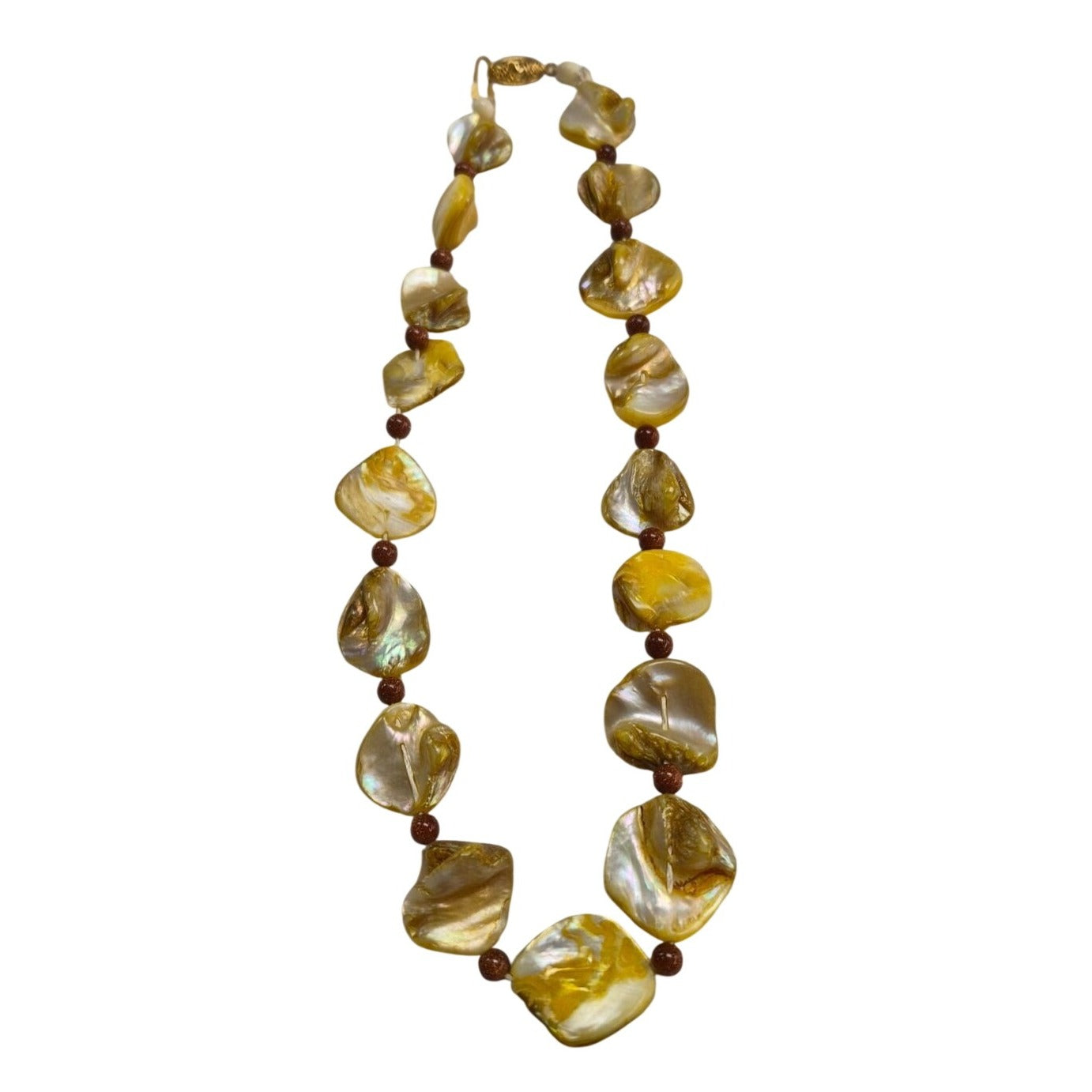 Yellow Mother of Pearl Necklace Goldstone Beads & Ornate Gold-Tone Clasp