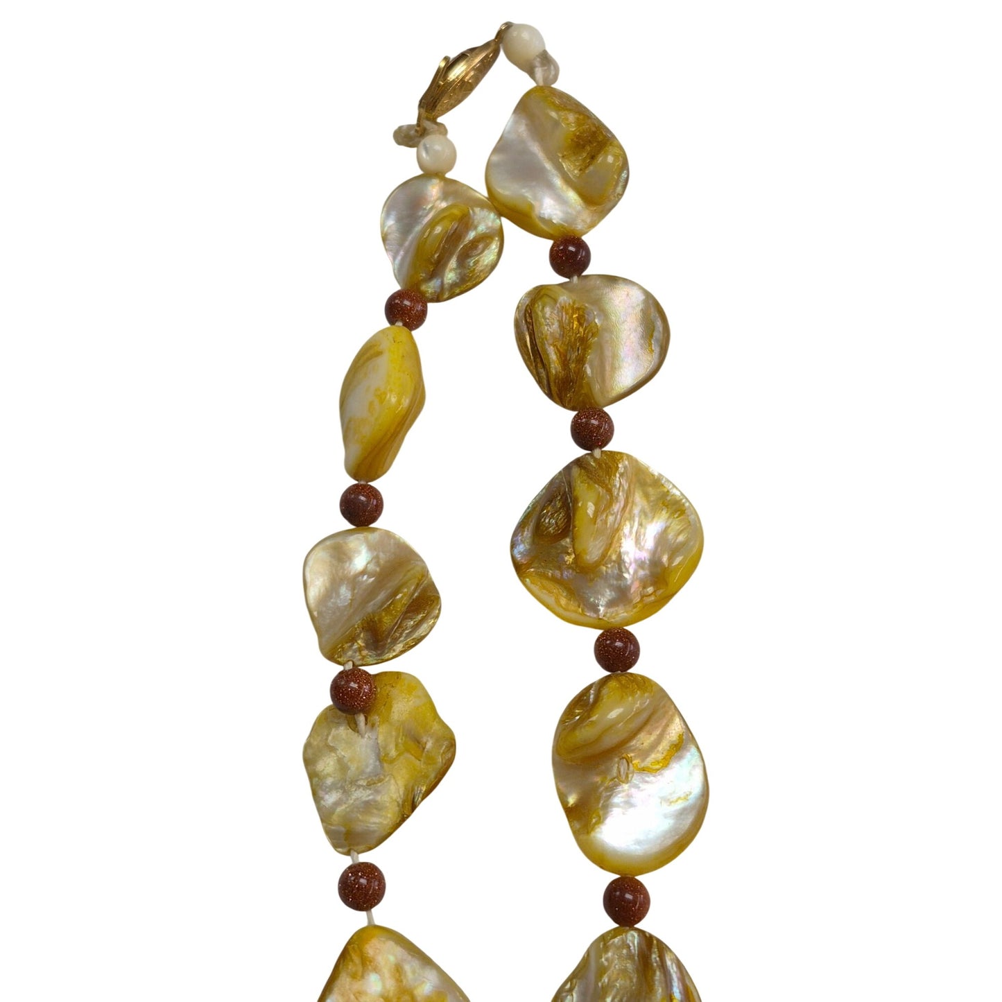 Yellow Mother of Pearl Necklace Goldstone Beads & Ornate Gold-Tone Clasp
