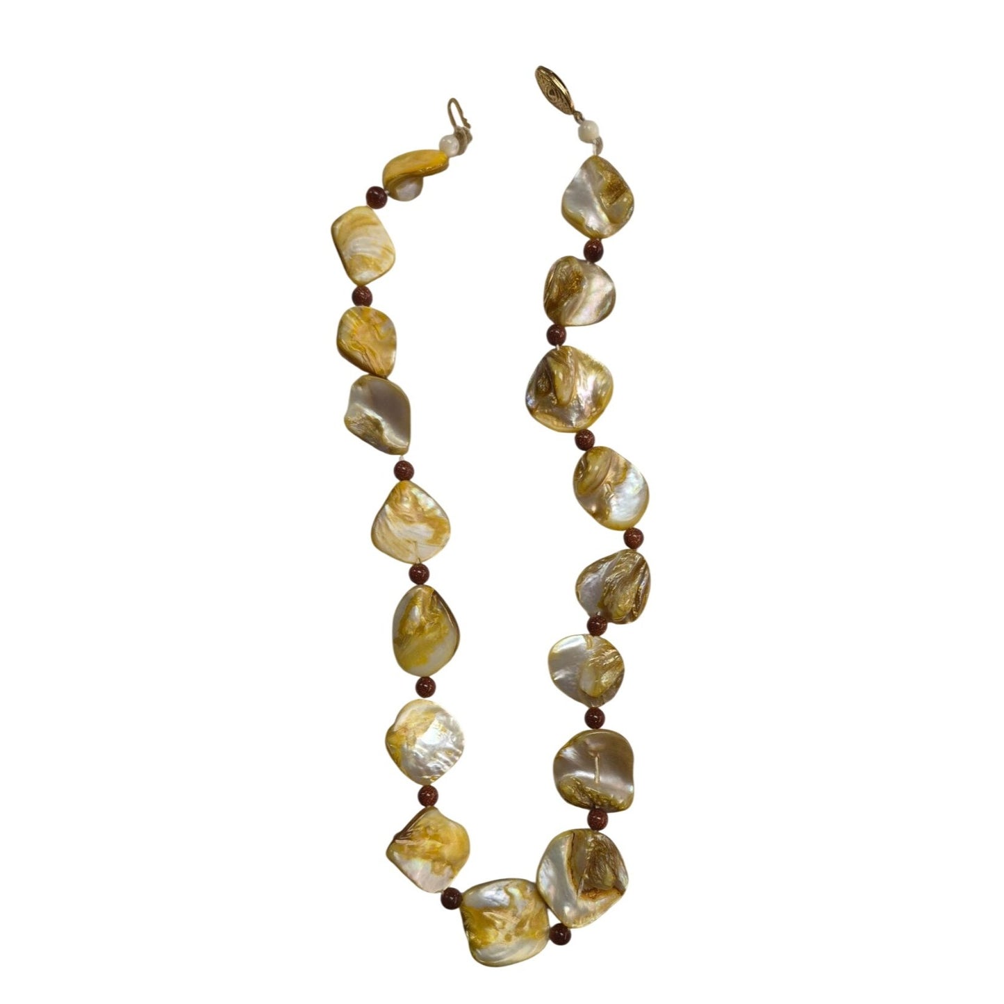 Yellow Mother of Pearl Necklace Goldstone Beads & Ornate Gold-Tone Clasp