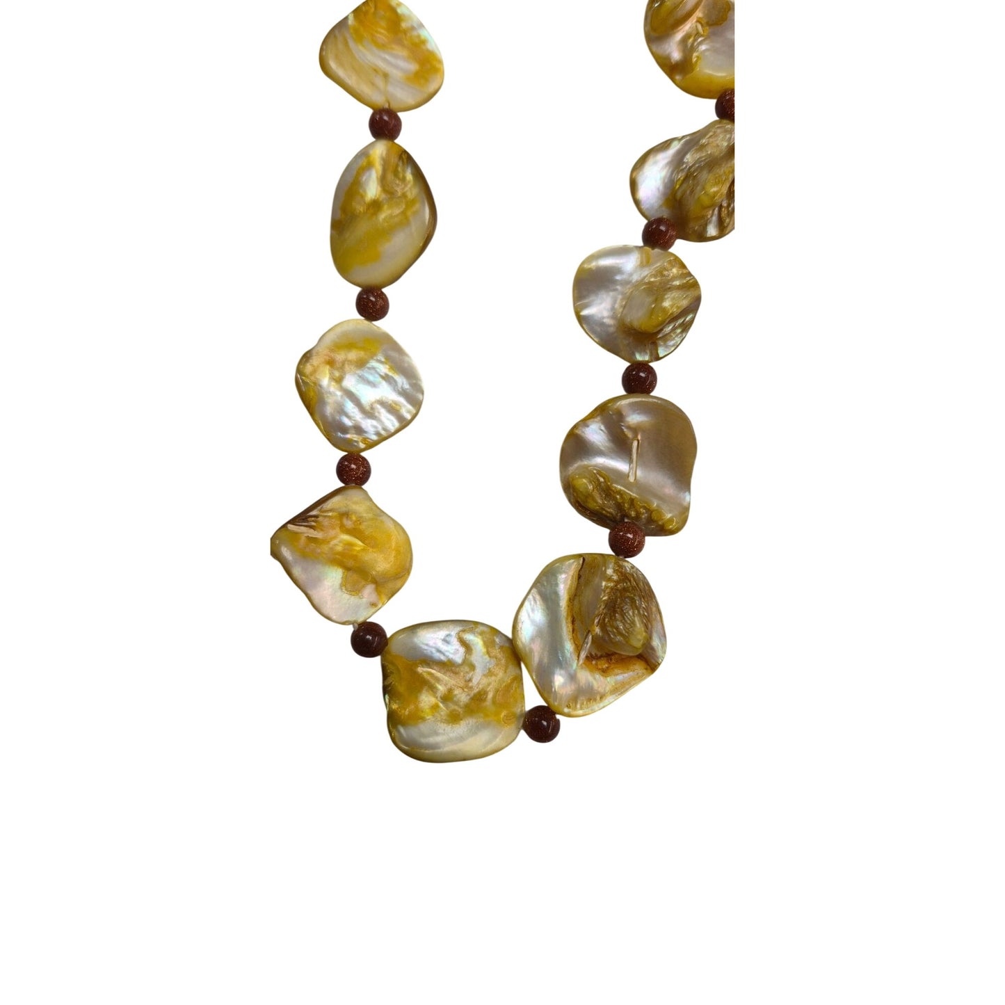 Yellow Mother of Pearl Necklace Goldstone Beads & Ornate Gold-Tone Clasp