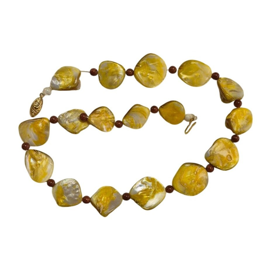 Yellow Mother of Pearl Necklace Goldstone Beads & Ornate Gold-Tone Clasp