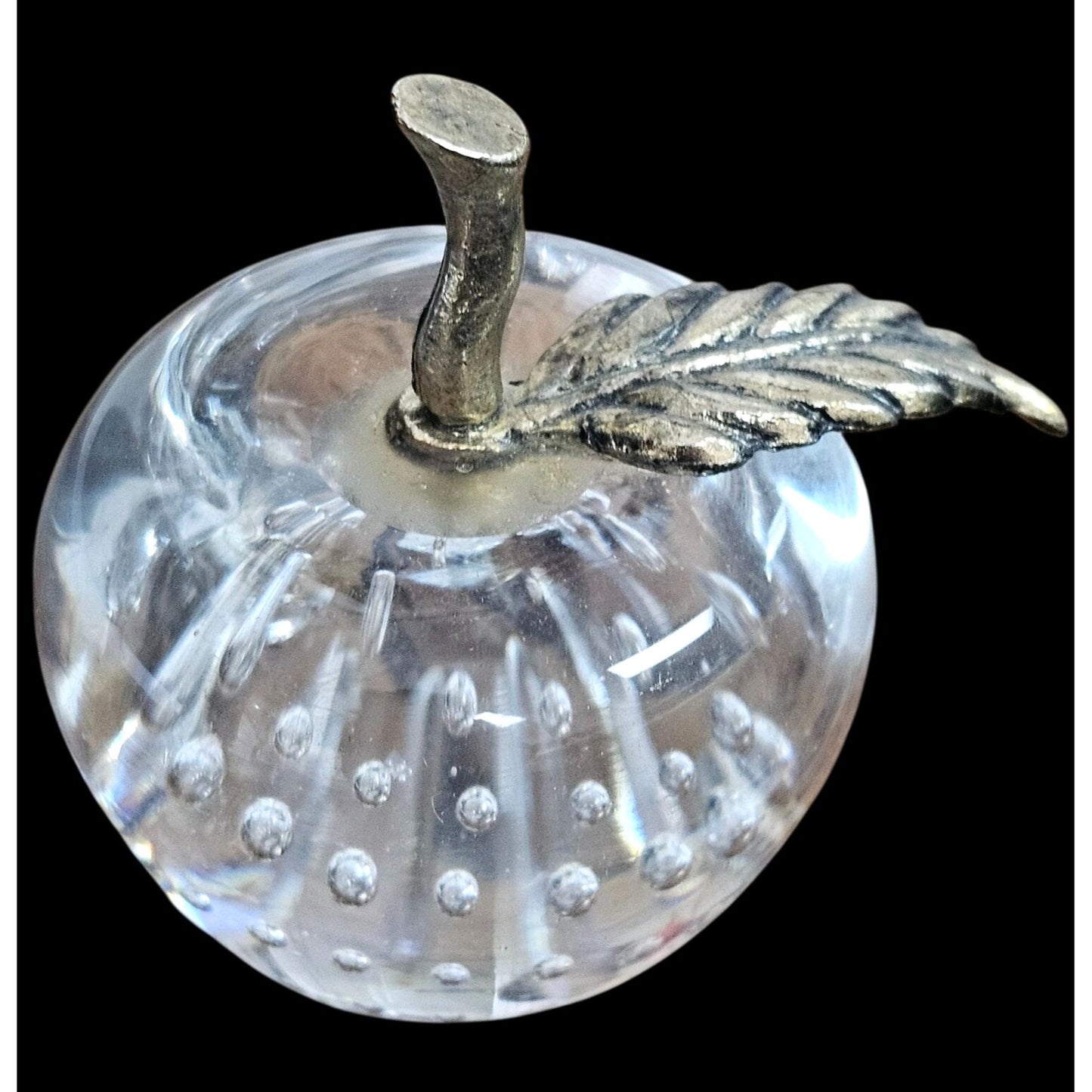 Great City Traders Art Glass Apple Paperweight Brass Stem & Leaf w Box