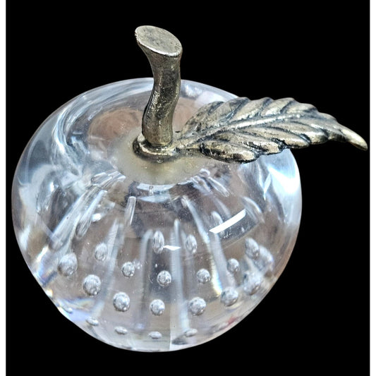Great City Traders Art Glass Apple Paperweight Brass Stem & Leaf w Box