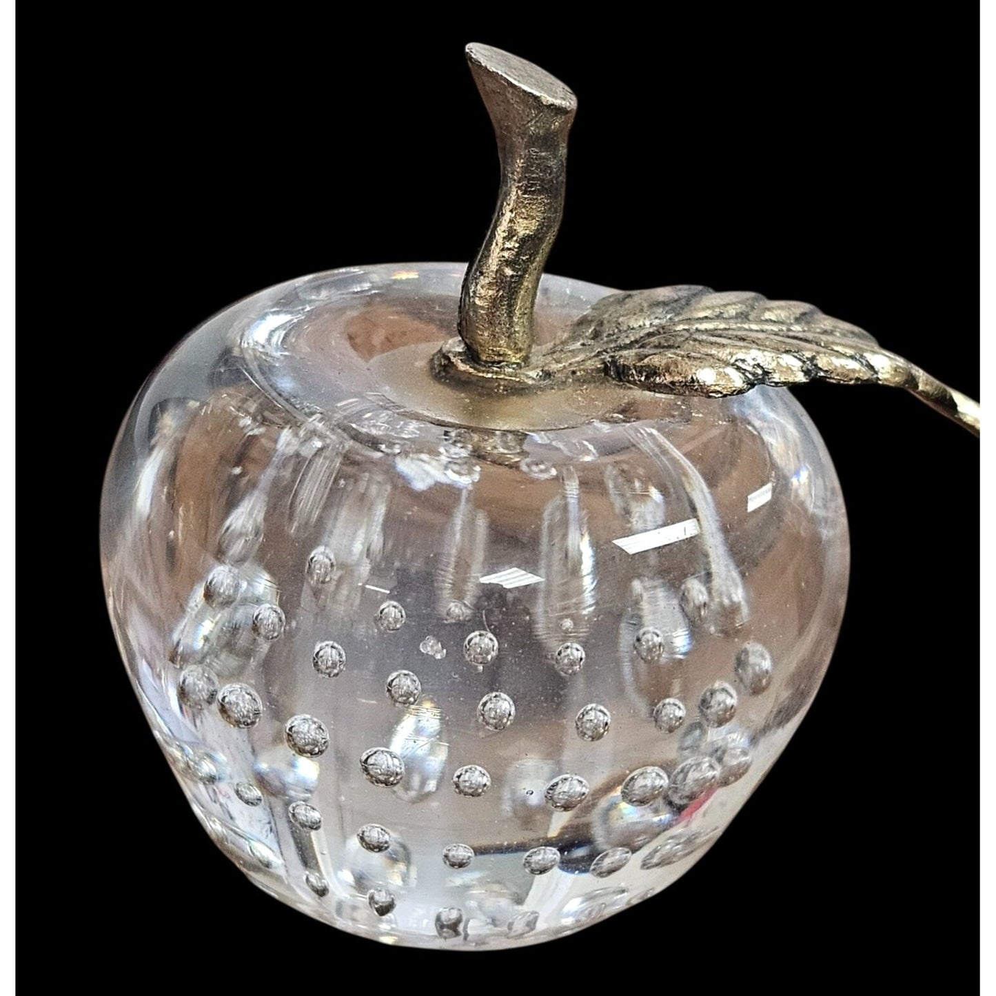 Great City Traders Art Glass Apple Paperweight Brass Stem & Leaf w Box