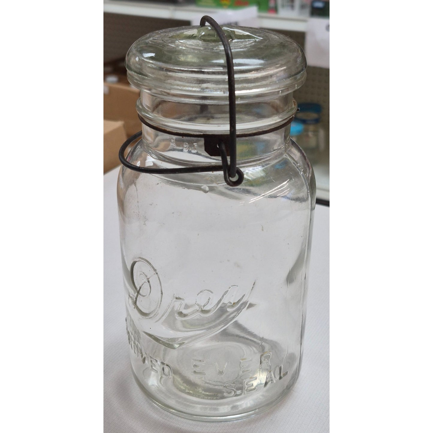 Vintage Drey Quart Clear Glass Jar, Wire Bale Lid 1920s Improved Ever Seal