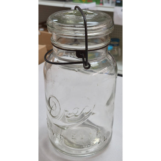Vintage Drey Quart Clear Glass Jar, Wire Bale Lid 1920s Improved Ever Seal