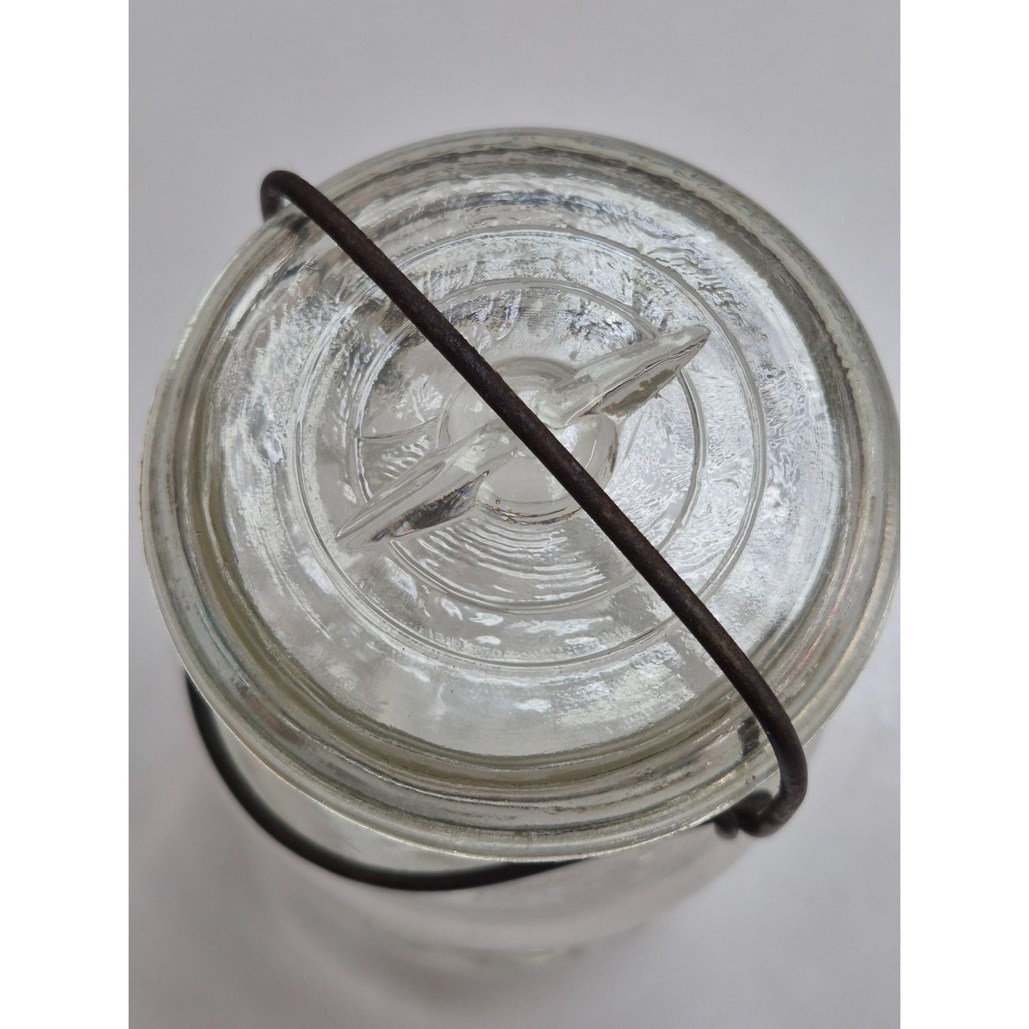 Vintage Drey Quart Clear Glass Jar, Wire Bale Lid 1920s Improved Ever Seal