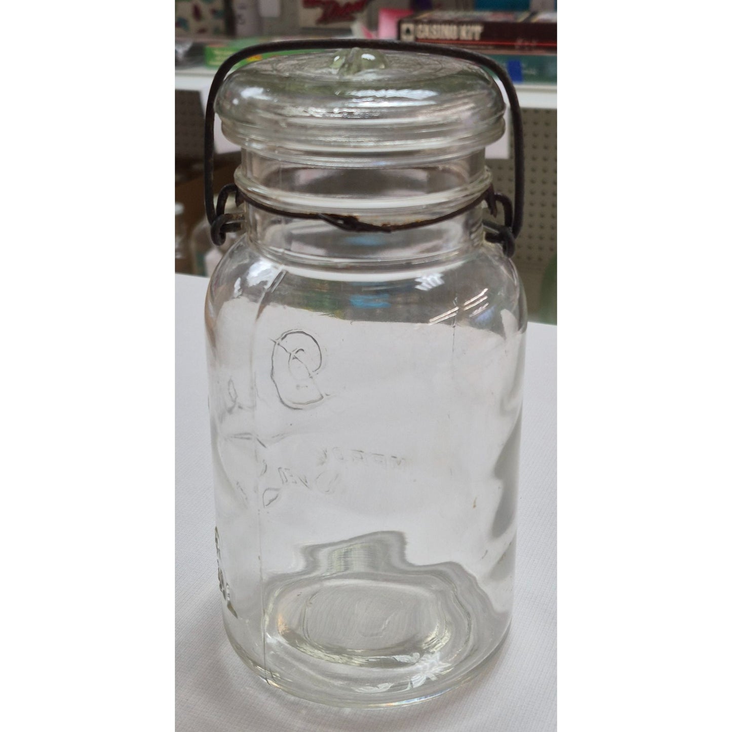 Vintage Drey Quart Clear Glass Jar, Wire Bale Lid 1920s Improved Ever Seal