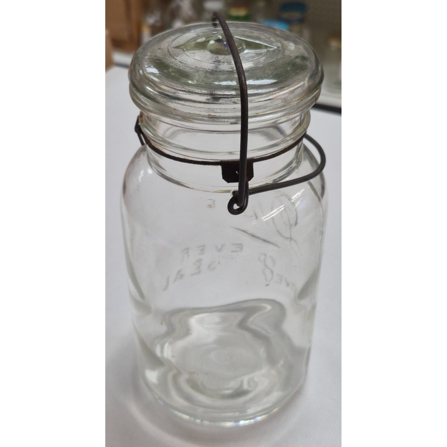 Vintage Drey Quart Clear Glass Jar, Wire Bale Lid 1920s Improved Ever Seal