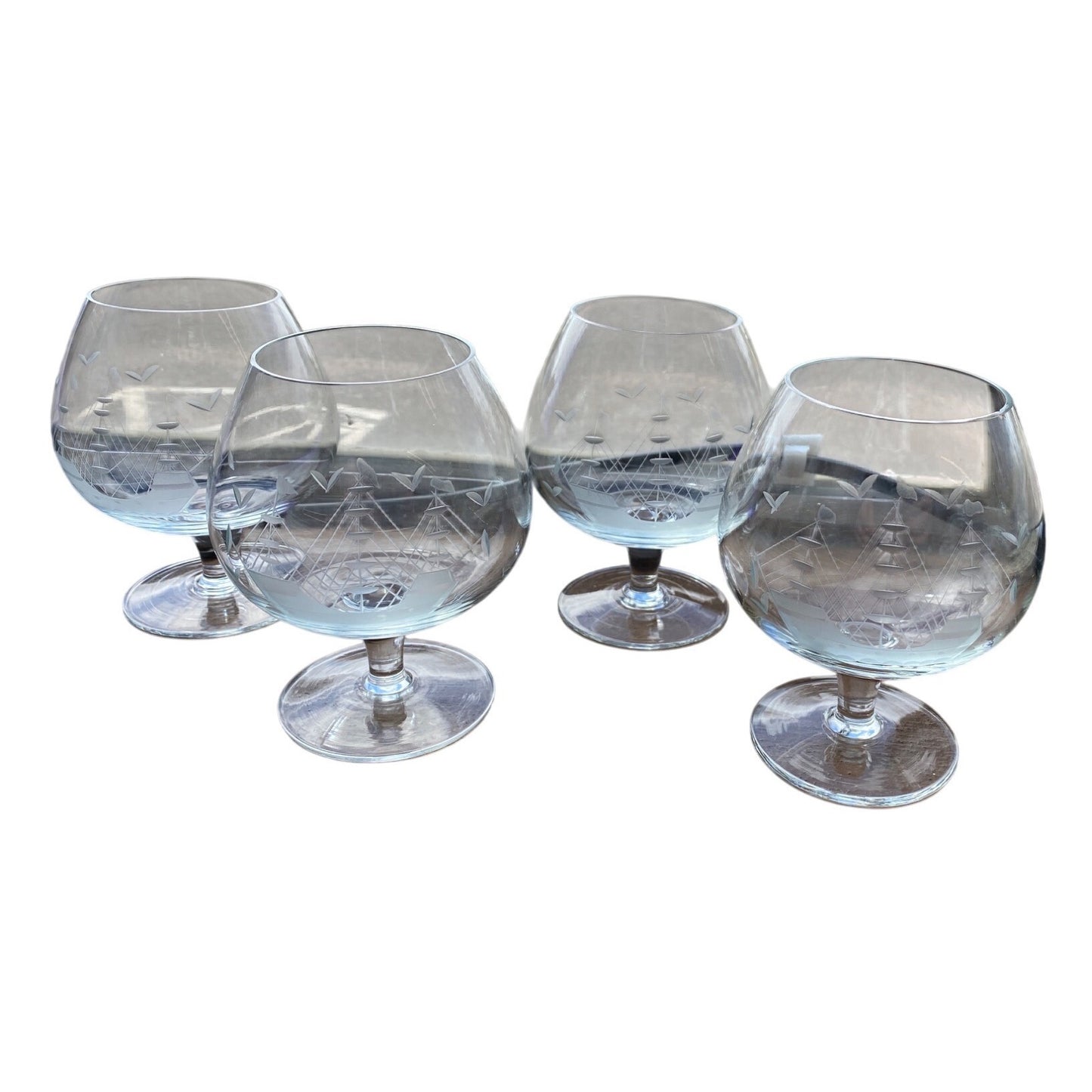 Etched Glass Brandy Snifter Set Of 4 With Sailboat Design